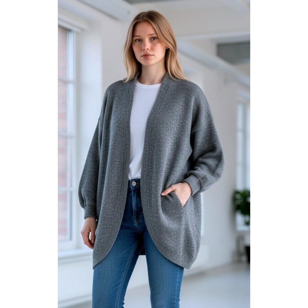 CHERISH Women Grey Waffle‎ Knit Open Front Cardigan Sweater Size S